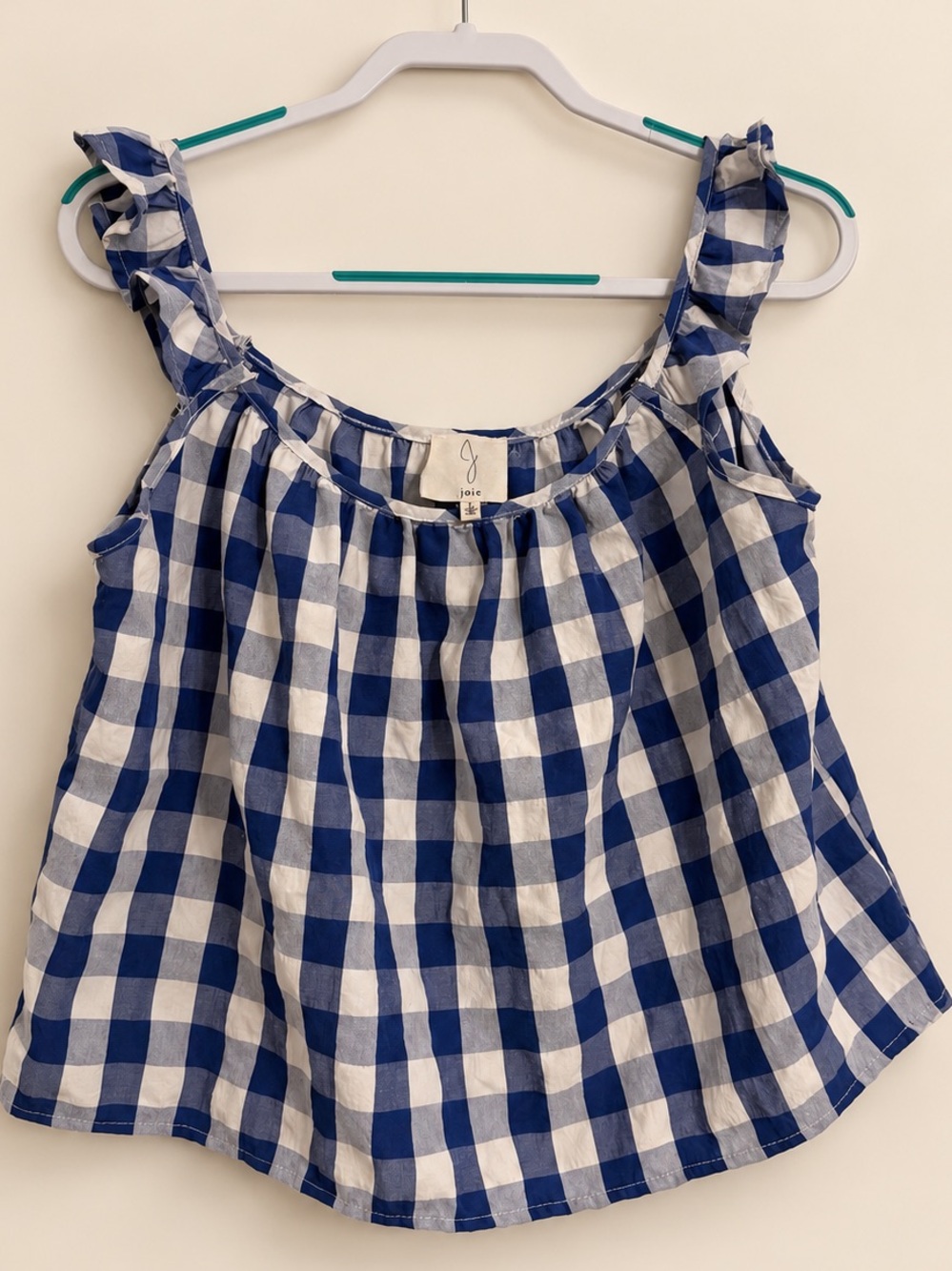 Joie Blue White Gingham Ruffle Strap Tank Top Size L